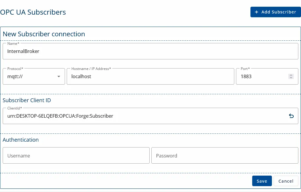 A screenshot of filled OPC UA Subscriber configurations.