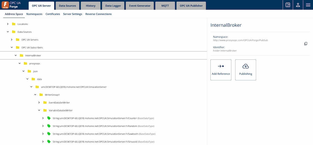 A screenshot of Forge's Address Space. Data Sources, OPC UA SUbscribers are expanded to show the data received with the OPC UA Subscriber.