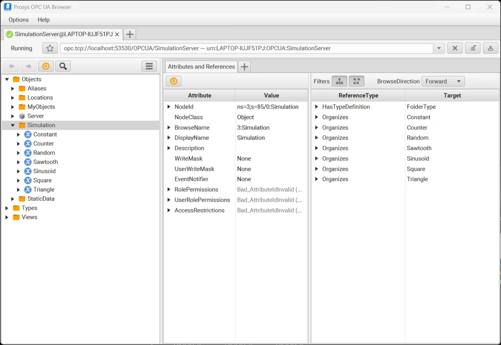 OPC UA Browser attributes and references view for Simulation object