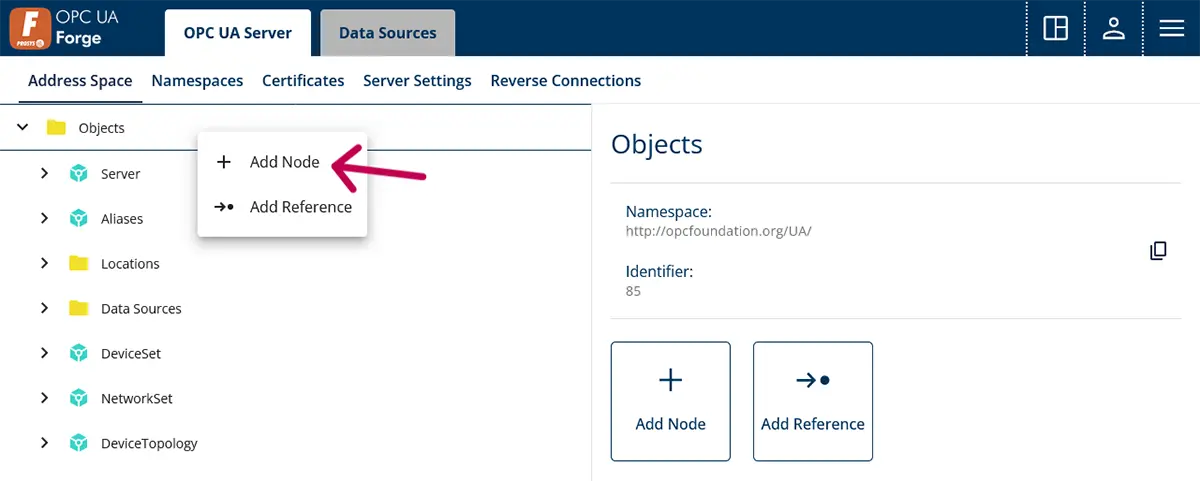 Screenshot of Forge’s OPC UA Server tab with an arrow pointing to “Add Node”.