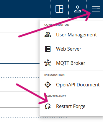 Prosys OPC UA Forge’s hamburger menu with an arrow pointing to “Restart Forge”.