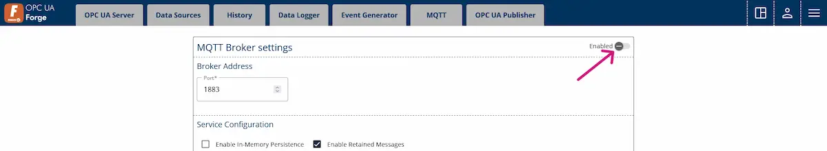 A screenshot of Forge's internal MQTT Broker settings. A pink arrow is pointing to Enable toggle.