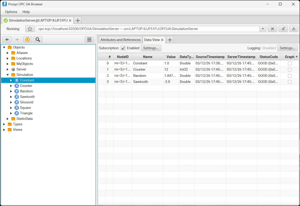 OPC UA Browser data view showing live values from simulation nodes