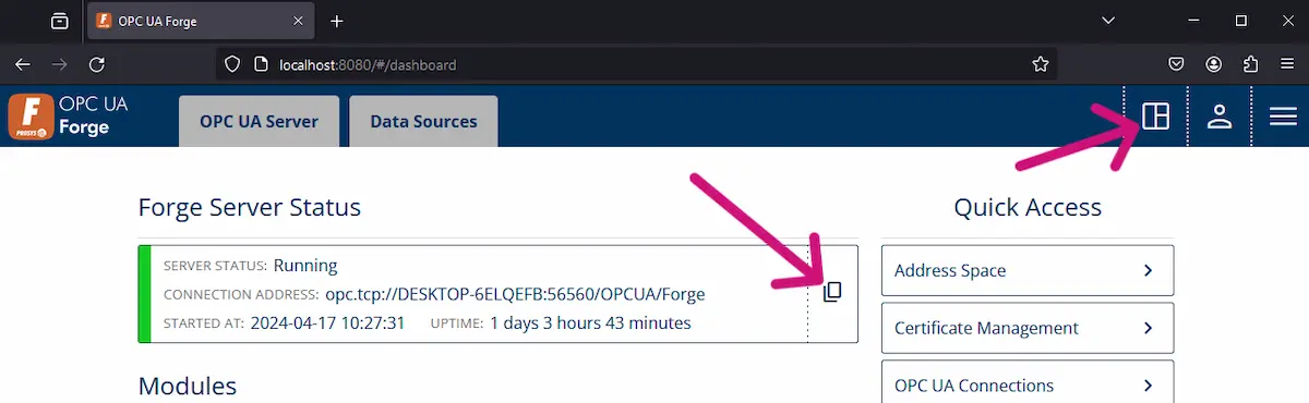 A screenshot of Prosys OPC UA Forge’s Dashboard view. One arrow points to the dashboard button. The second arrow points to the “Copy to clipboard” button for Forge Server Status.