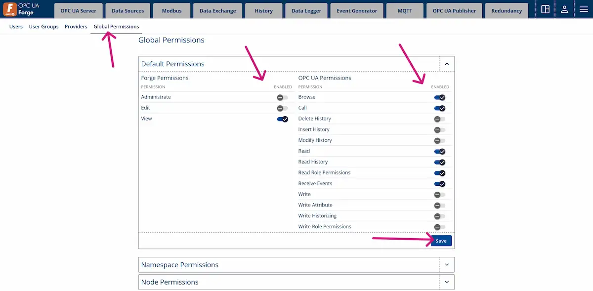 Global permissions are restricted by disabling some features.