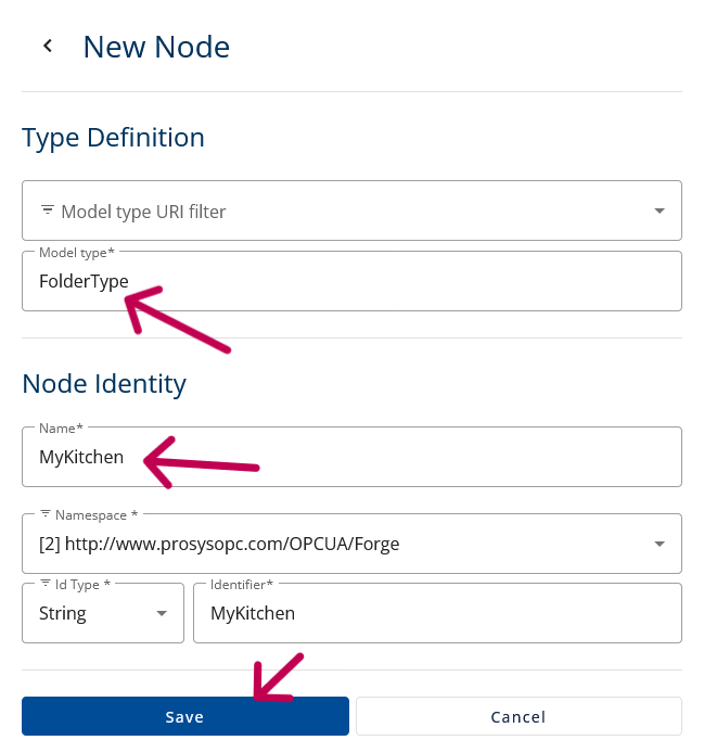 A screenshot of “New Node” with arrows pointing to “Model type” under Type Definition and “Name” under Node Identity.