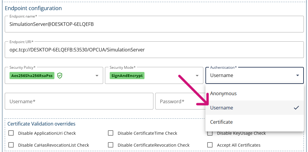 A partial screenshot of Prosys OPC UA Forge's Endpoint configuration. A pink arrow is pointing to an Authentication mode "Username".