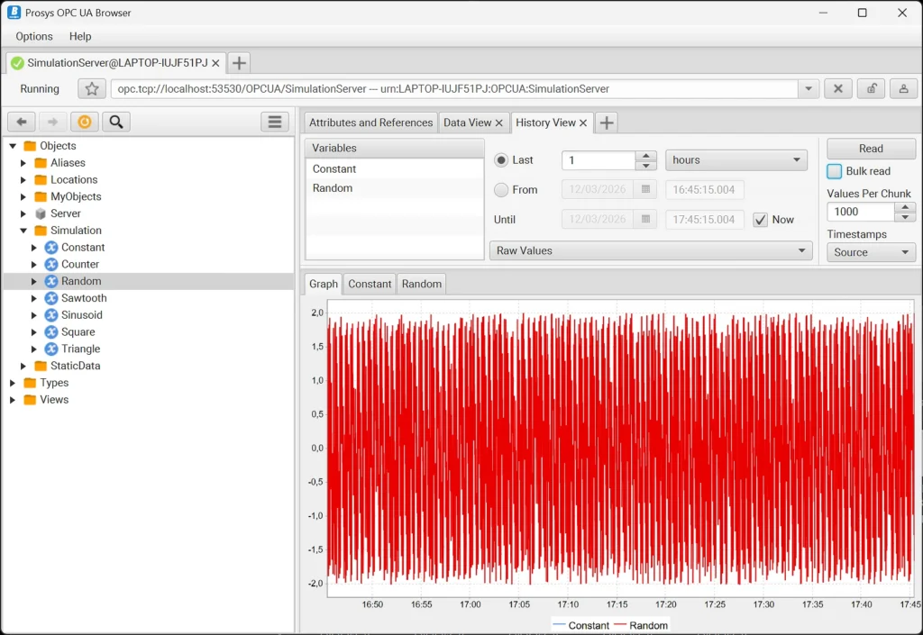 OPC UA Browser history view with graph of random signal data