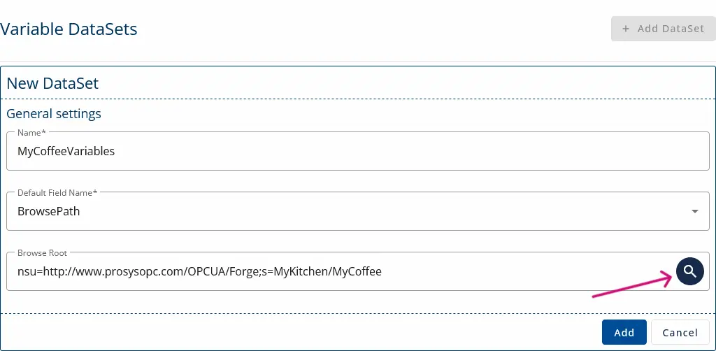 A screenshot of filled variable DataSet configuration.