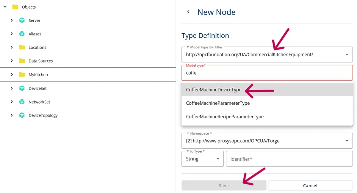 Screenshot of “New Node” with arrows pointing to the settings to select.