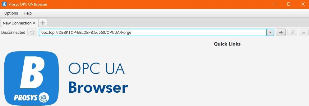 A partial screenshot of Prosys OPC UA Browser with the address bar active.