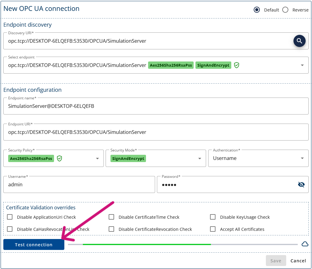 A screenshot of Prosys OPC UA Forge's New OPC UA connection view with a pink arrow pointing to the "Test connection" button.