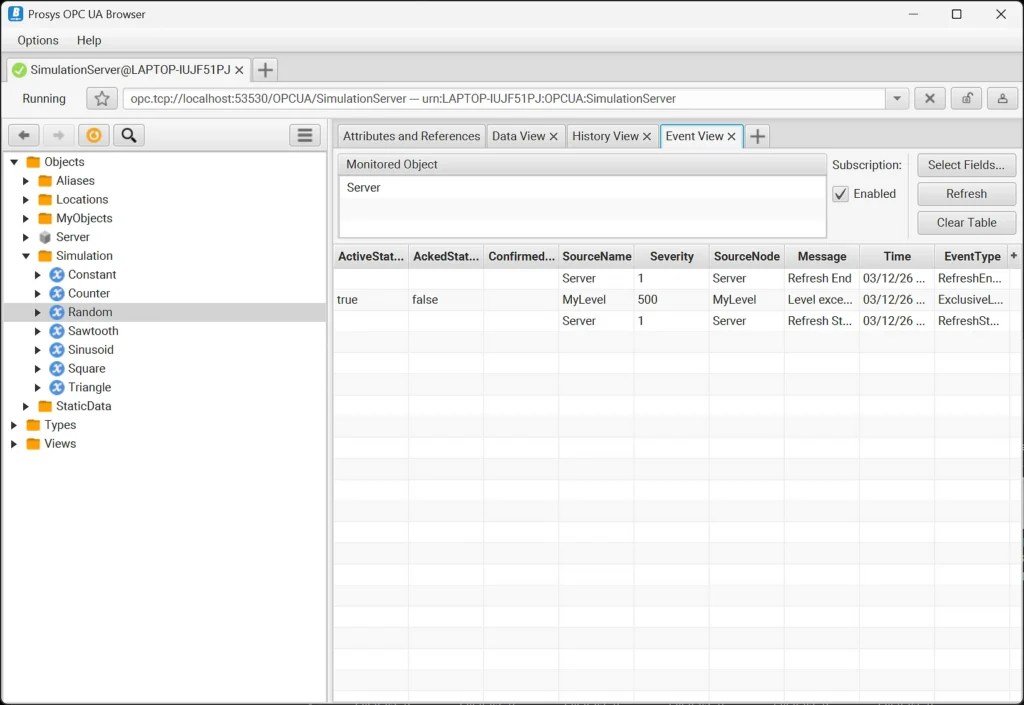 OPC UA Browser event view showing server events and alarms