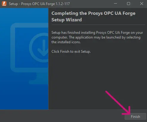 A screenshot of OPC UA Forge's setup wizard at the last view before finishing.