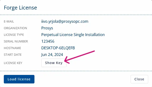 License dialog. Pink arrow is pointing to Show Key button.
