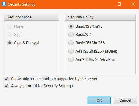 A screenshot of Prosys OPC UA Browser’s Security Settings.