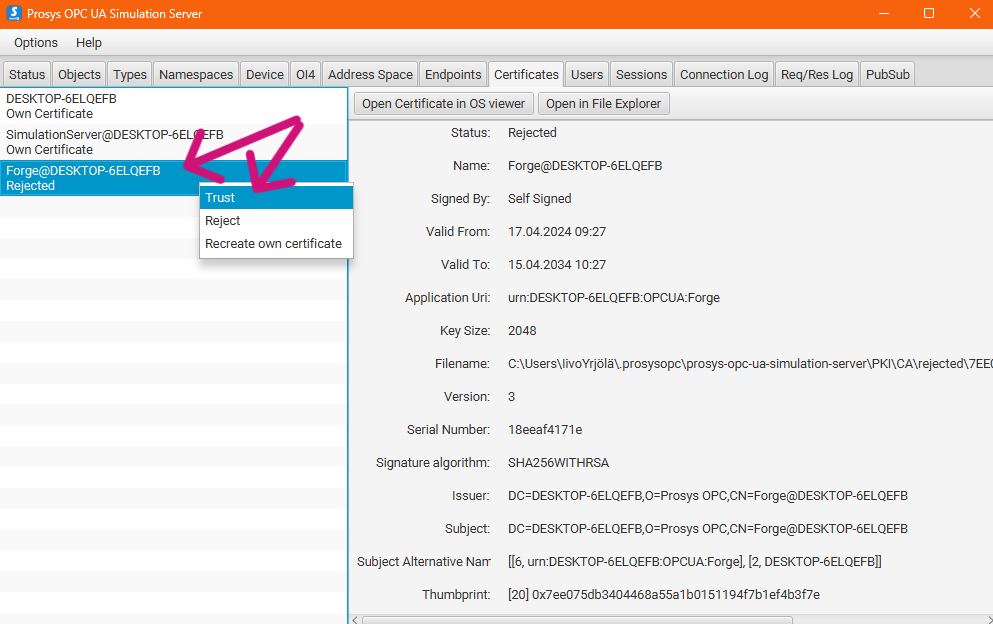 A screenshot of Prosys OPC UA Simulation Server's "Certificates" view. One arrow is pointing to Forge's certificate, and another is pointing to "Trust" on a context menu.