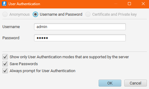 A screenshot of Prosys OPC UA Browser’s User Authentication settings.