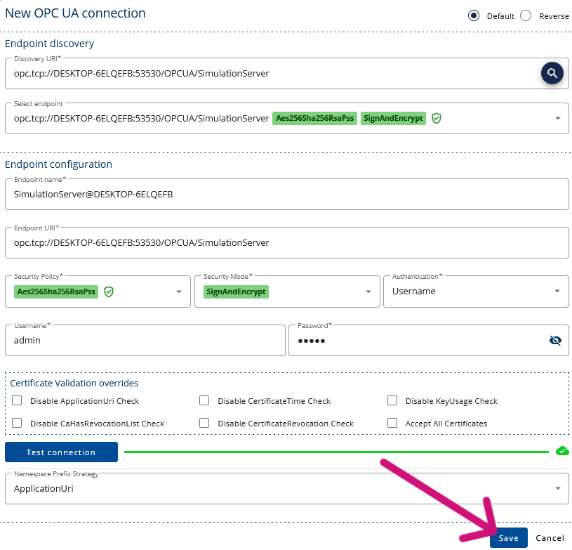 A screenshot of Prosys OPC UA Forge's New OPC UA connection view. A pink arrow is pointing to the "Save" button.