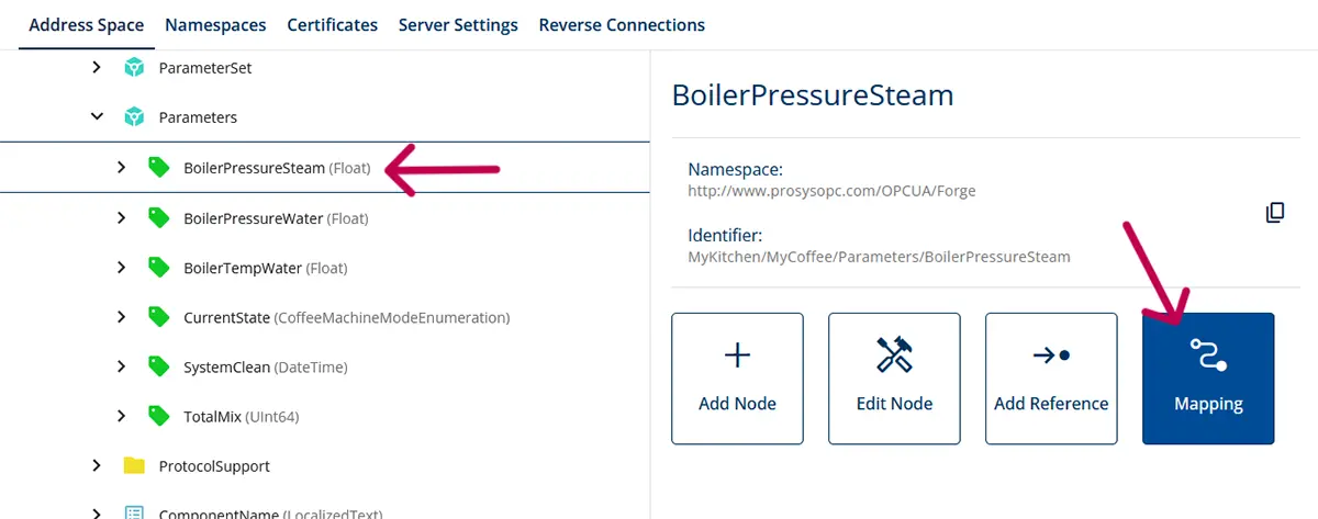 Screenshot of Address Space with arrows pointing to node “BoilerPressureSteam” and “Mapping” buttons.
