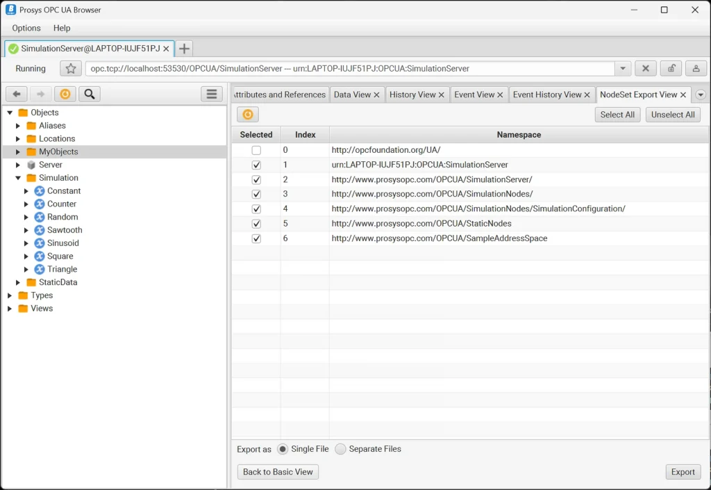 OPC UA Browser nodeset export view with namespace selection
