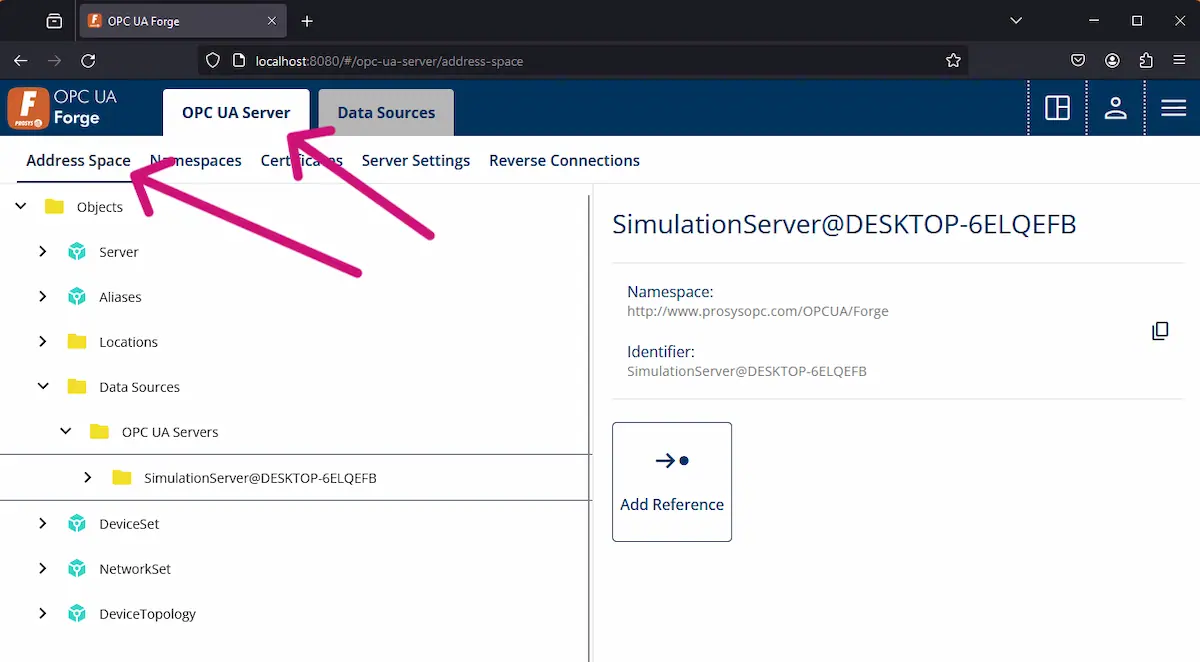 A screenshot of Prosys OPC UA Forge with one arrow pointing to the "OPC UA Server" tab and another to "Address Space" inside the tab.