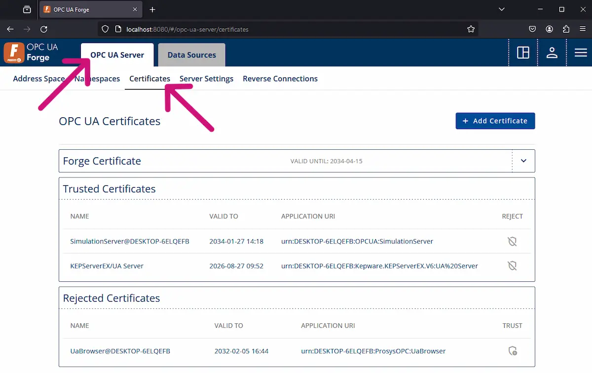 A screenshot of Prosys OPC UA Forge’s Certificates view inside the OPC UA Servers tab.