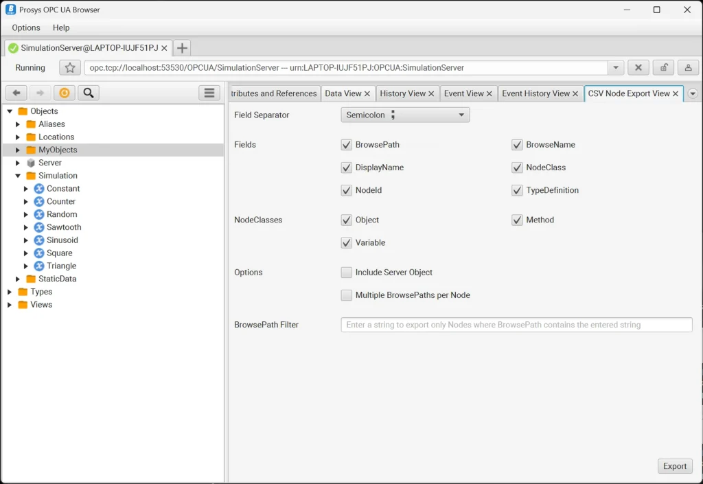 OPC UA Browser CSV export view with field selection options