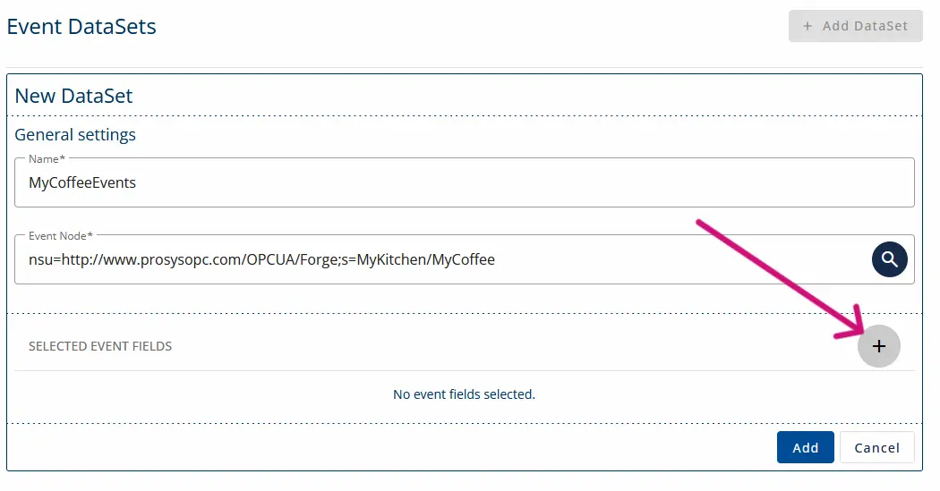 A screenshot of event dataset configuration form. A pink arrow is pointing to plus icon button next to Selected Event Fields.