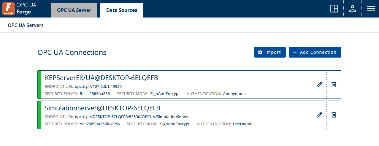A screenshot of Prosys OPC UA Forge's Data Sources view with two OPC UA connections listed.