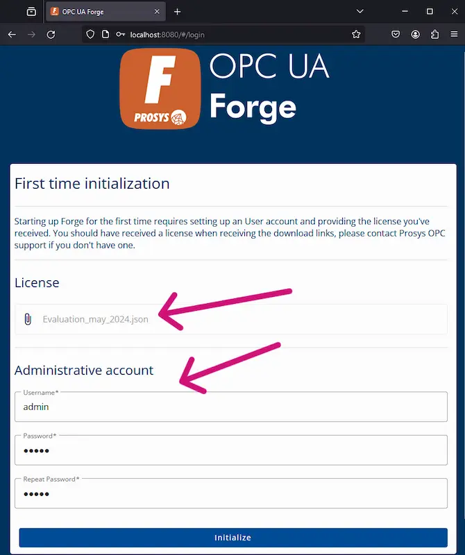 A screenshot of OPC UA Forge initialization view with arrows pointing to "License" and "Administrative account".