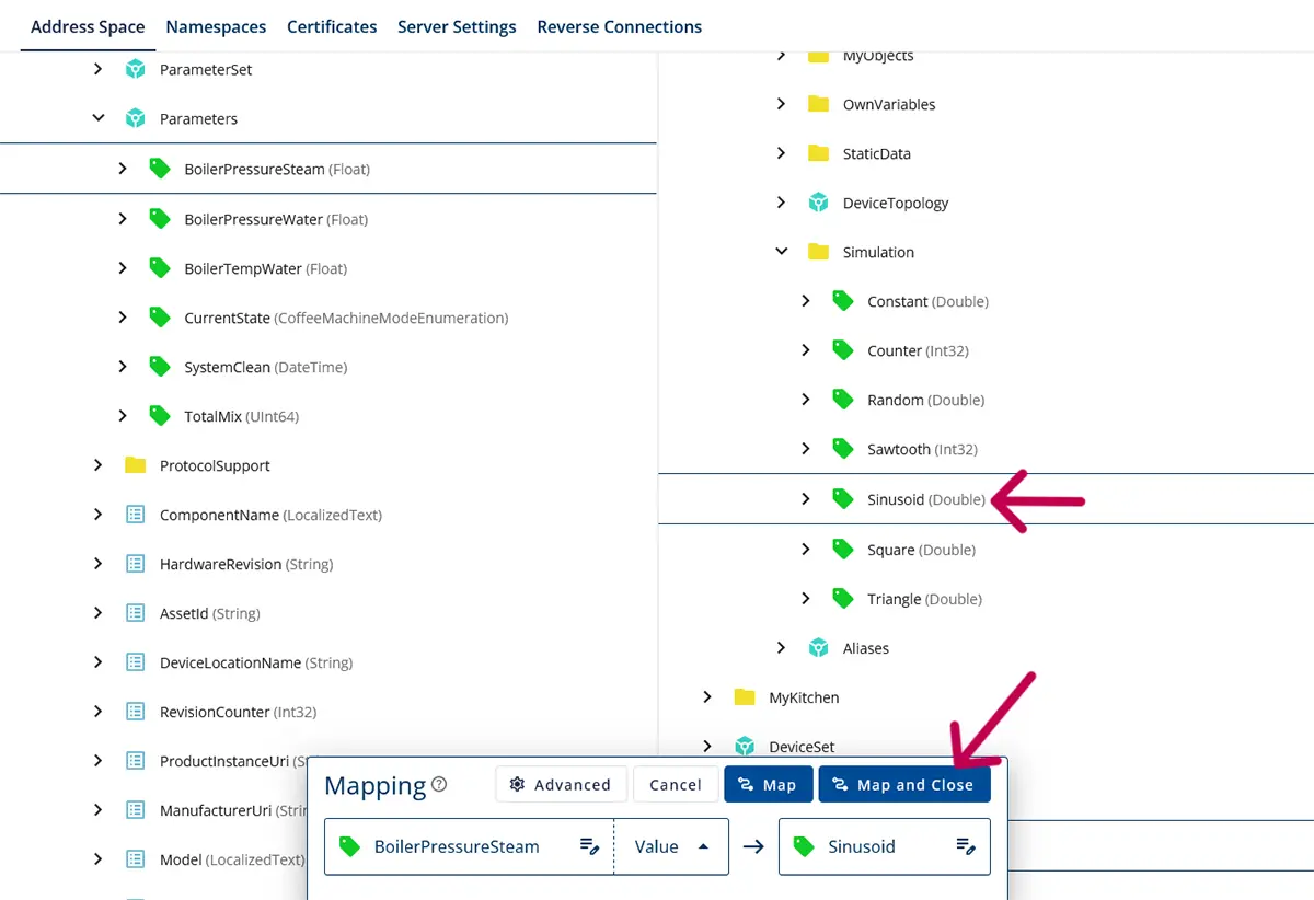 Forge’s Address Space with arrows pointing to node “Sinusoid” and button “Map and Close”.