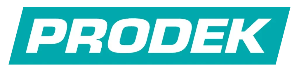 PRODEK logo in white italic uppercase letters on a turquoise slanted rectangular background.