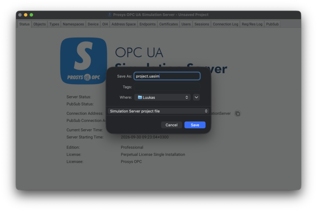 Save As dialog over OPC UA Simulation Server UI; filename project.uasim in folder Luukas (Simulation Server project file).] ,