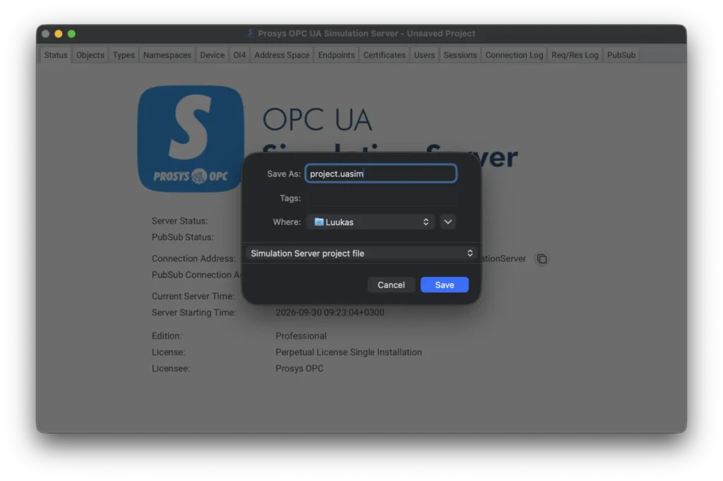 Save As dialog over OPC UA Simulation Server UI; filename project.uasim in folder Luukas (Simulation Server project file).] ,
