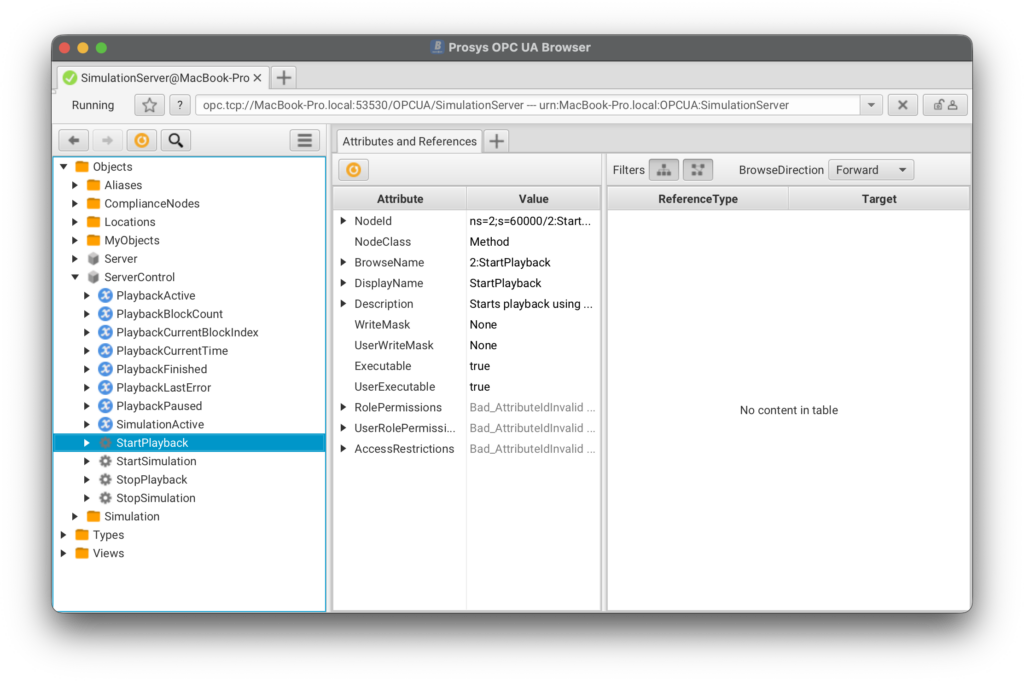 Prosys OPC UA Browser window showing node tree on the left and an Attributes panel on the right, with StartPlayback selected in the tree.