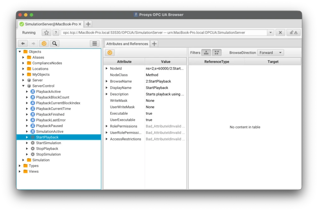 Prosys OPC UA Browser window showing node tree on the left and an Attributes panel on the right, with StartPlayback selected in the tree.