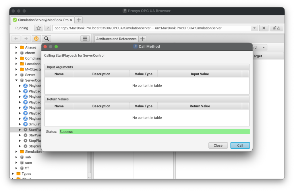 Screenshot of a debugging UI with a 'Call Method' dialog over a tree view; inputs table is empty and status shows 'Success' with a green bar.
