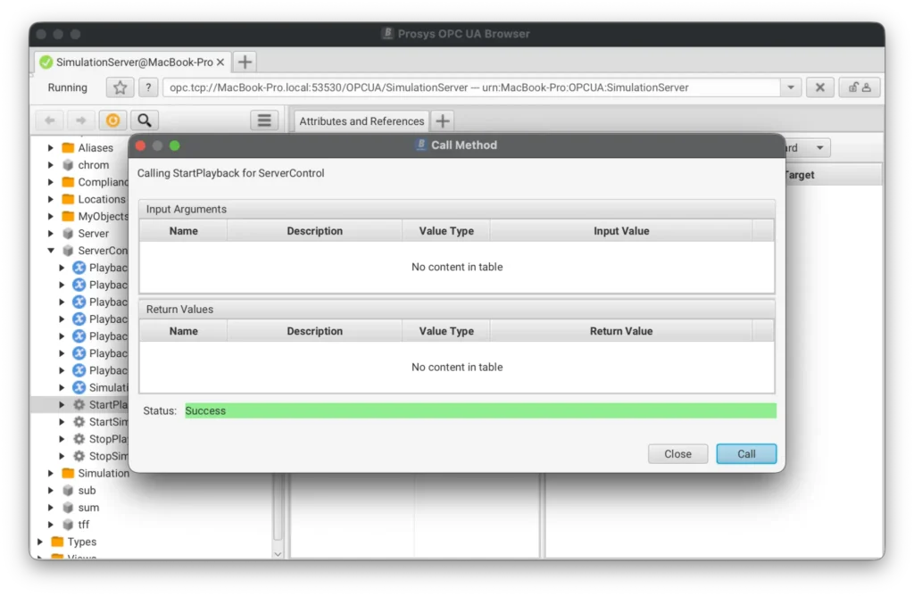 Screenshot of a debugging UI with a 'Call Method' dialog over a tree view; inputs table is empty and status shows 'Success' with a green bar.