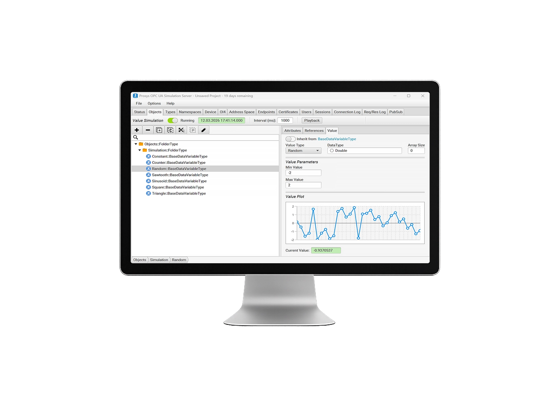 OPC UA Simulation Server user interface