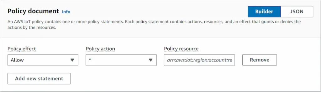 Policy document creation information in AWS IoT Core