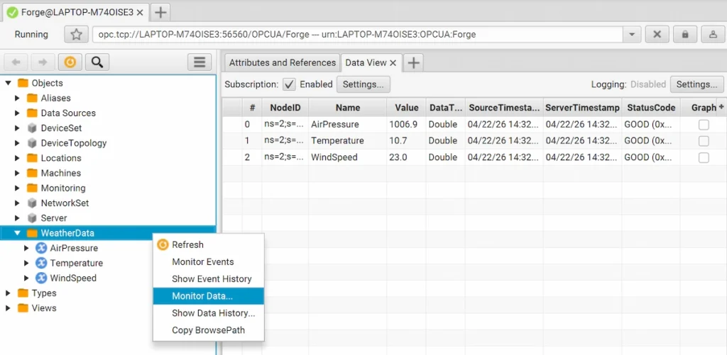Check data from OPC UA client