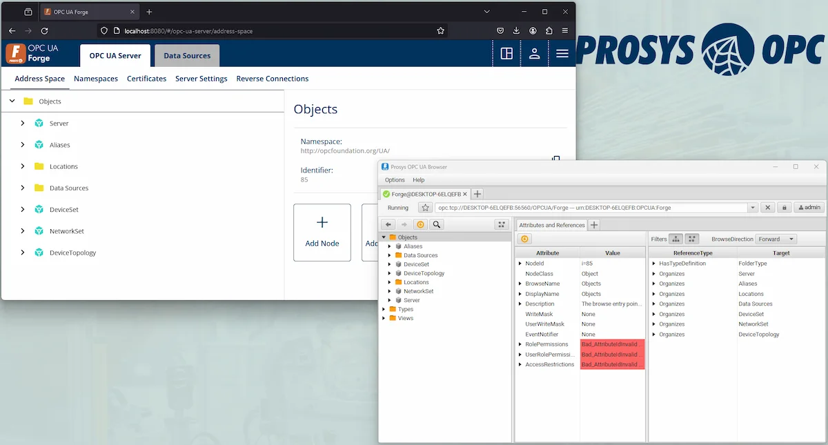 A screenshot of Forge and Prosys OPC UA Browser showing a successful connection between the two.