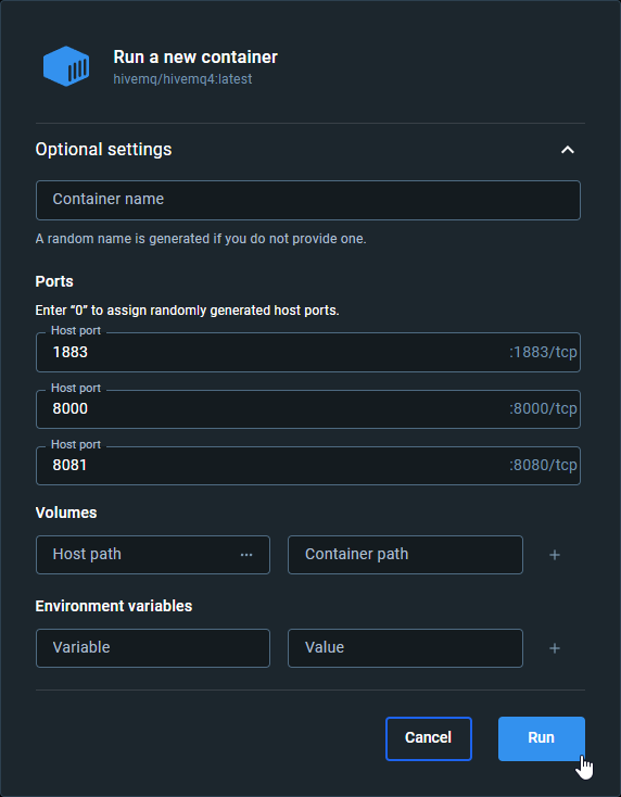 HiveMQ docker desktop settings