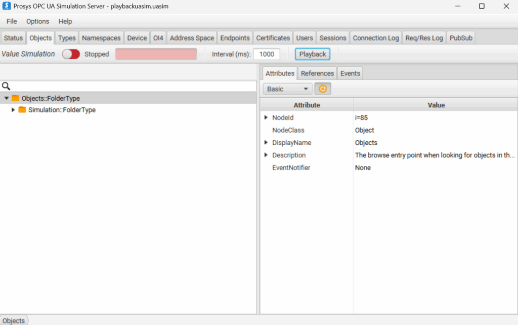 Simulation Server Objects tab
