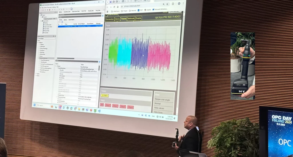 Mohat Agarwal showcasing a tightening tool demo at OPC Day Finland 2024.