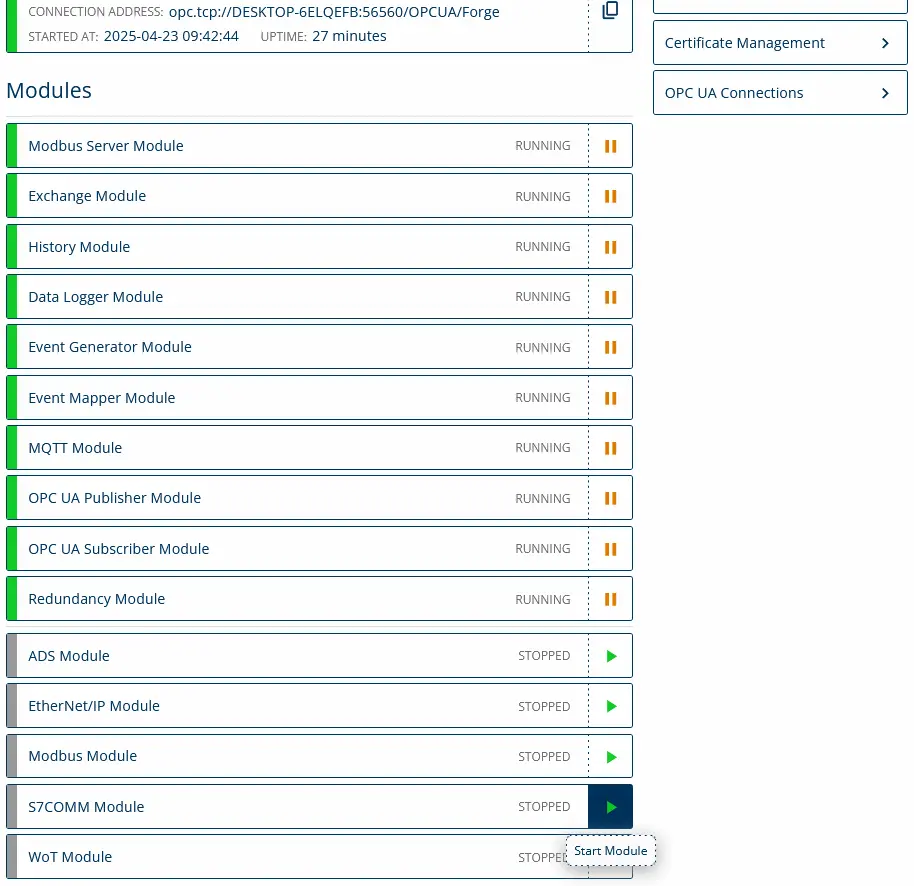 start module - Prosys OPC Starting S7Comm Module from the dashboard