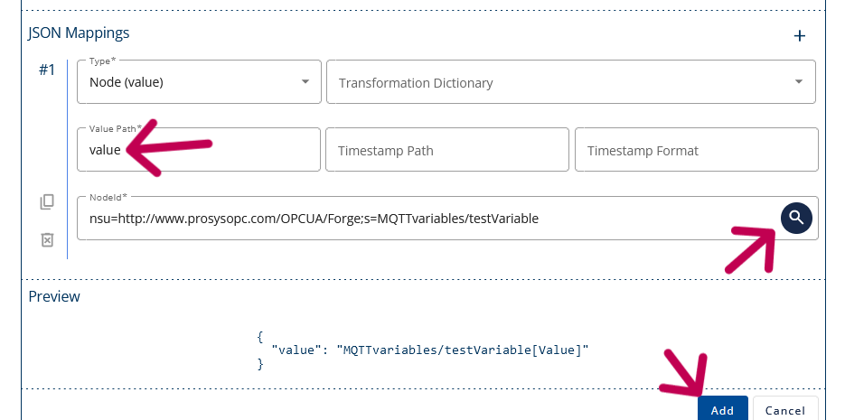 Forge's MQTT subscription configuration's JSON Mappings