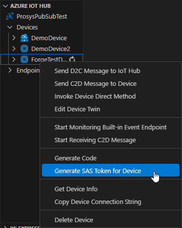 Generating password (SAS Token) for Azure IoT Hub in Visual Studio Code